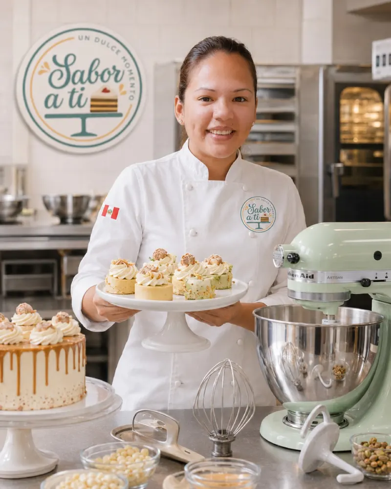 Patricia Dianderas junto a sus creaciones de pastelería